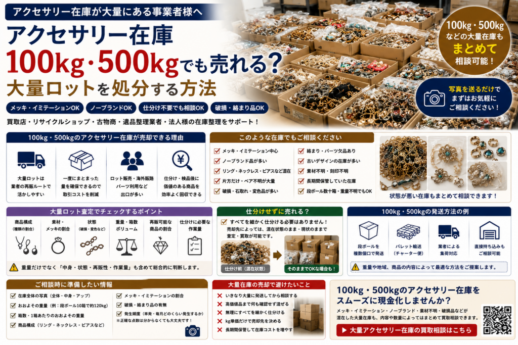 アクセサリー在庫100kg・500kgなど大量ロットを業者買取で処分する方法