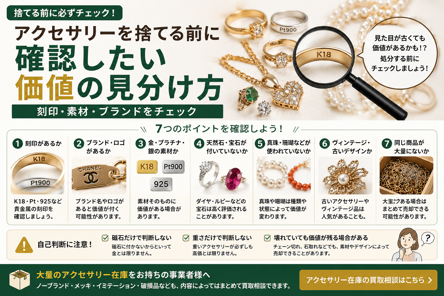 アクセサリーを捨てる前に刻印や素材から価値を確認するイメージ