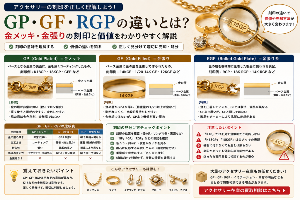 GP・GF・RGPの違いと金メッキ・金張りの刻印を比較するイメージ