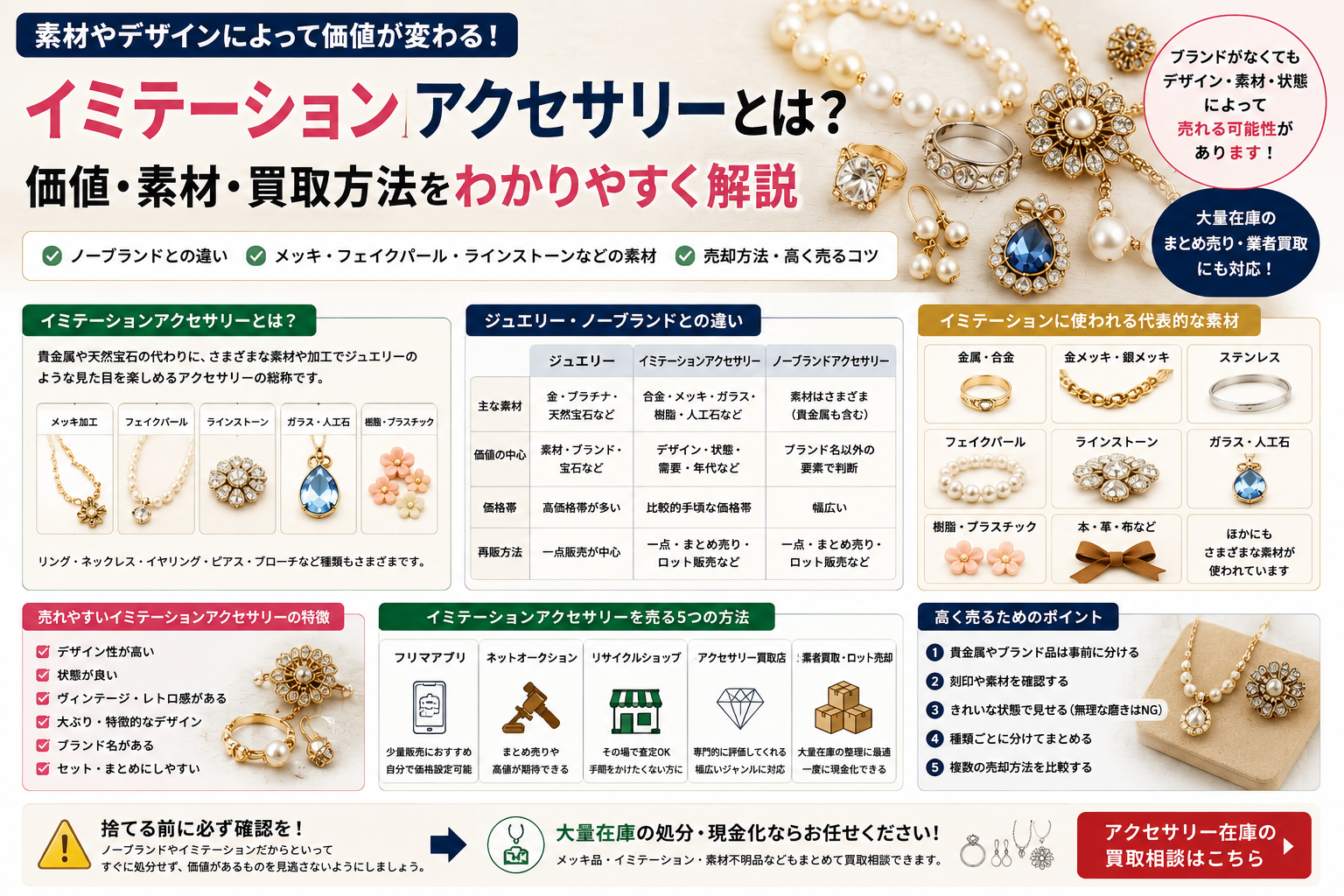 イミテーションアクセサリーの素材や価値と買取方法を解説するイメージ