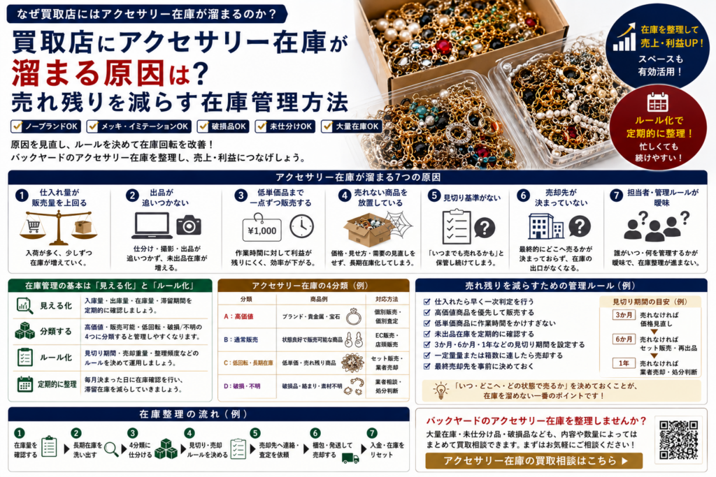 買取店でアクセサリー在庫が溜まる原因と売れ残りを減らす在庫管理方法