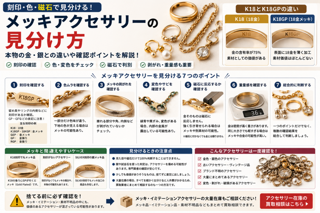メッキアクセサリーを刻印や色や磁石から見分ける方法を解説するイメージ