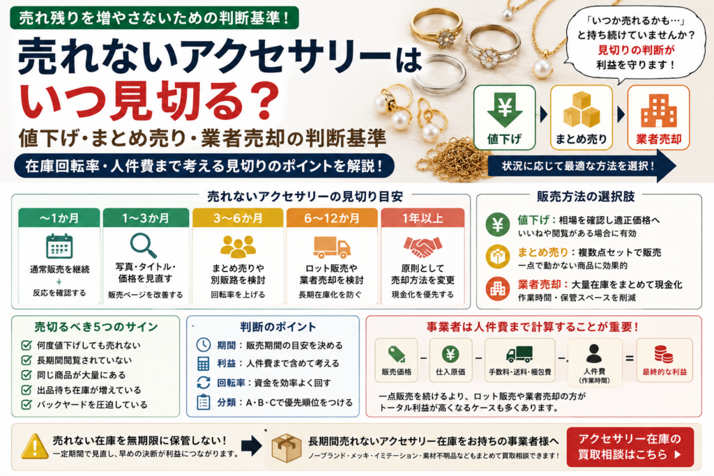 売れないアクセサリーをいつ見切るか値下げやまとめ売り業者売却の判断基準を解説するイメージ