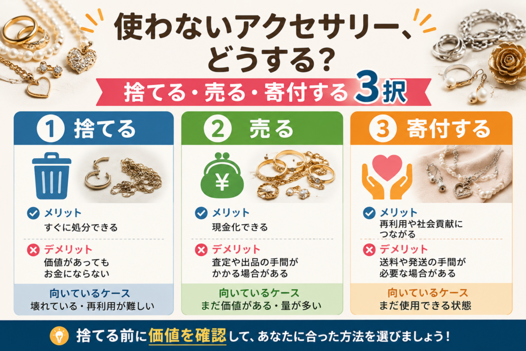 使わないアクセサリーの処分方法を比較したイメージ